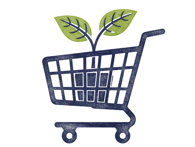 An artistic illustration of a shopping cart with a plant